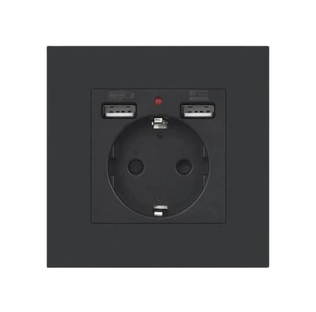 Електрична розетка з USB-зарядкою та швидким інтерфейсом, для заряджання чорний пластик