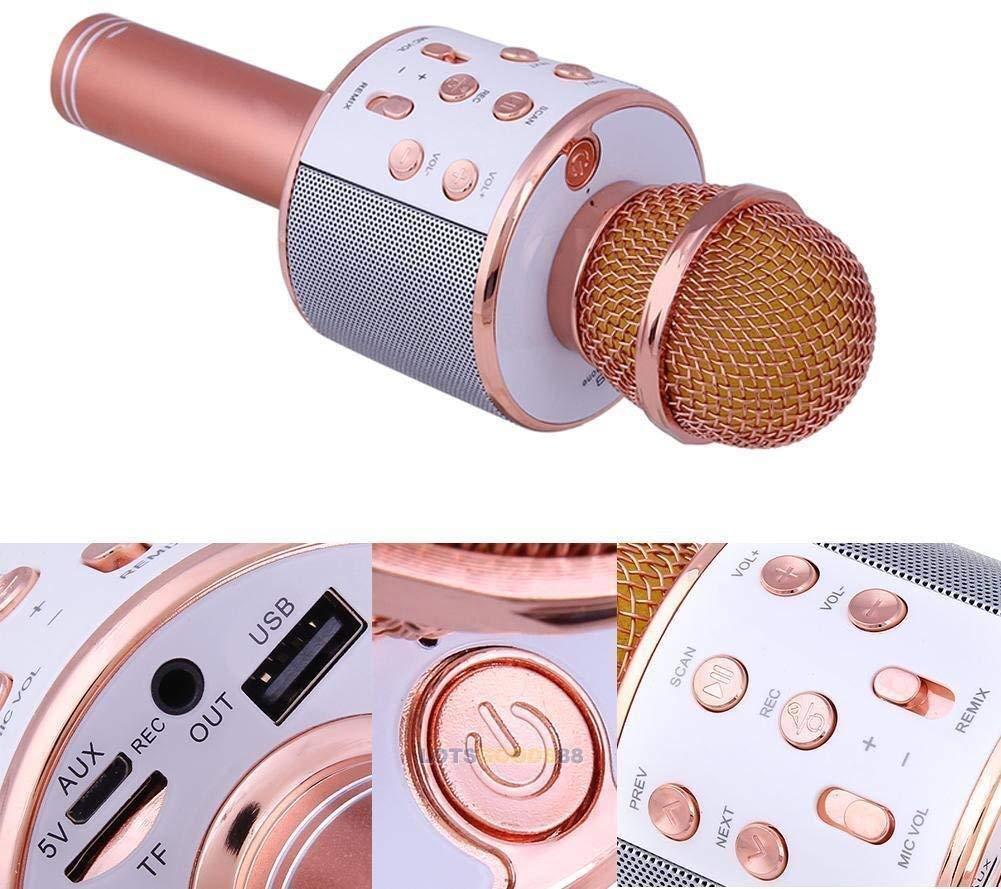 Дитячий Bluetooth караоке мікрофон Wster WS-858 та портативна MP3 колонка 2в1, ручний мікрофон Rose gold - Зображення 2