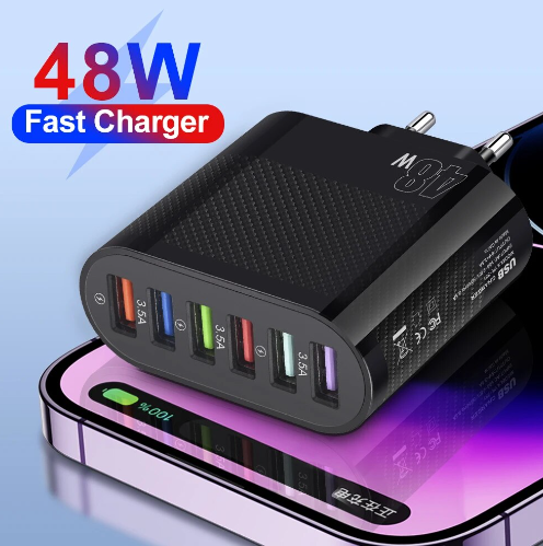 Зарядний блок 48 Вт 6 портів, USB зарядний пристрій QC3.0, швидка зарядка 6в1, чорний - Зображення 3